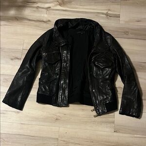 Theory Black Leather Bomber Jacket